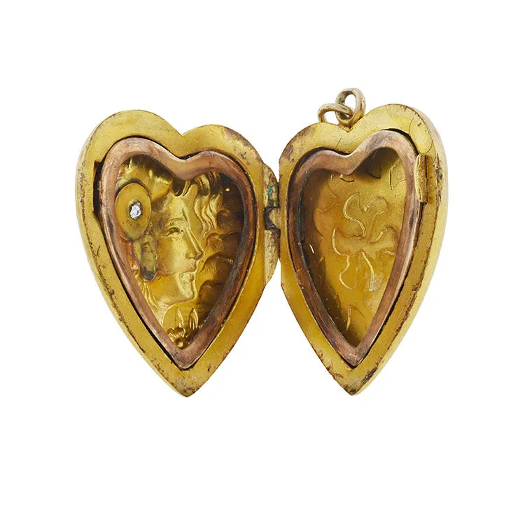 Art Nouveau 14kt Gold Diamond   Repousse Heart Locket