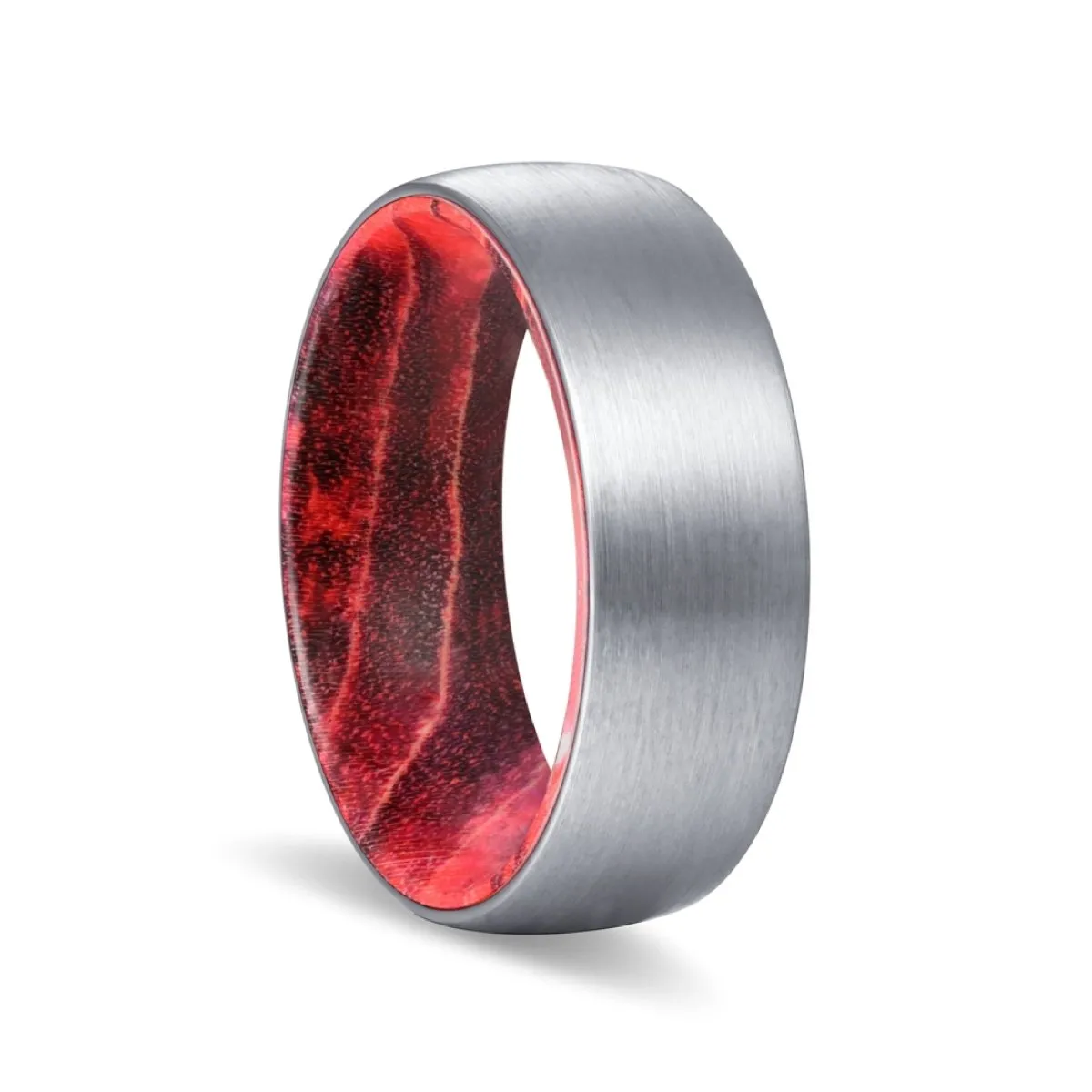 BEACON | Black & Red Wood, Silver Tungsten Ring, Brushed, Domed