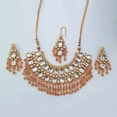 Big Kundan Semi Circular Necklace Earring And Teeka Set