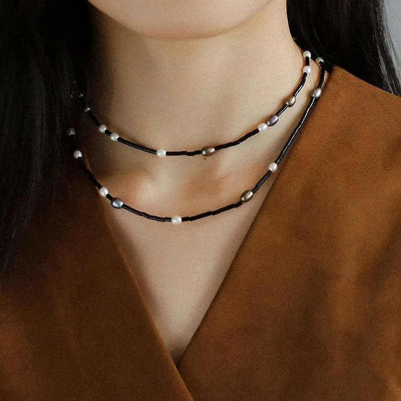 Black Agate Round Tube Freshwater Pearl Long Necklace