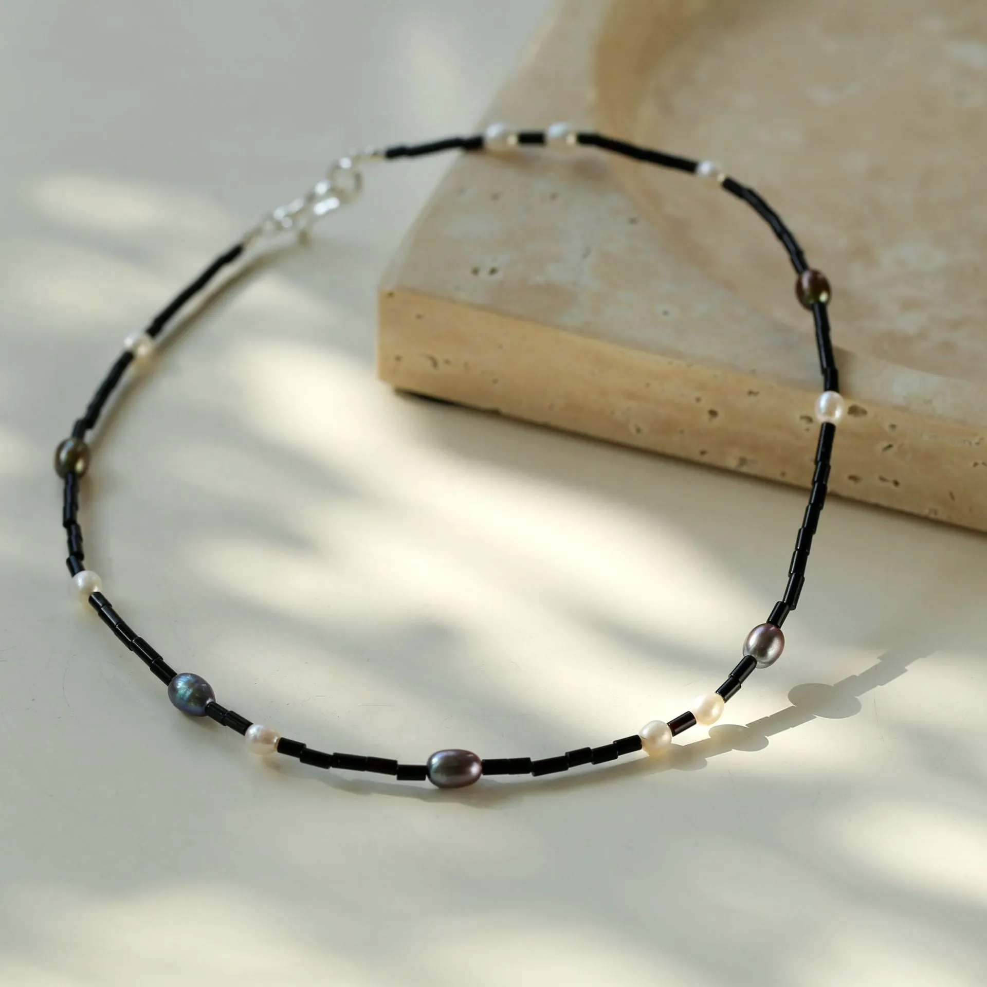 Black Agate Round Tube Freshwater Pearl Long Necklace