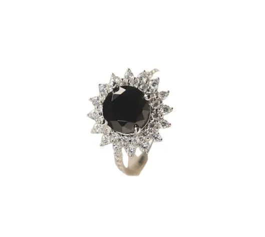 Black Diamond Sunflower 925 Sterling Silver Ring