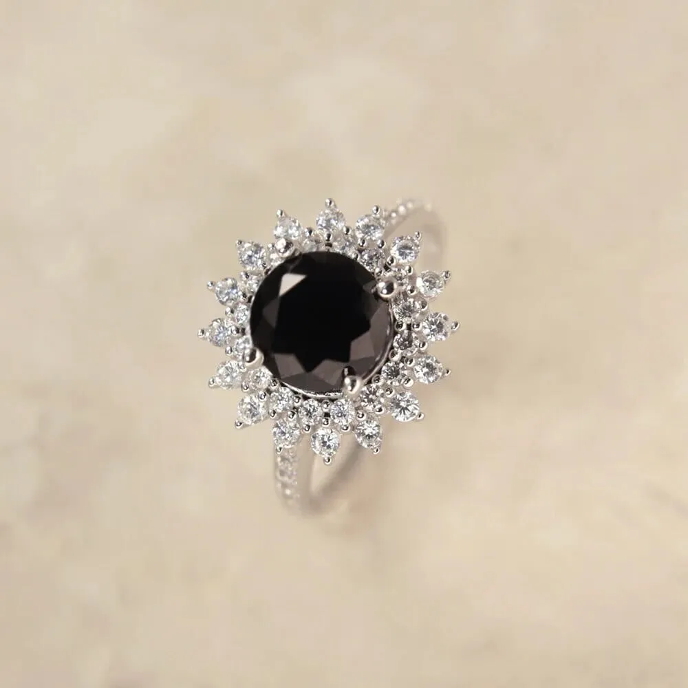 Black Diamond Sunflower 925 Sterling Silver Ring