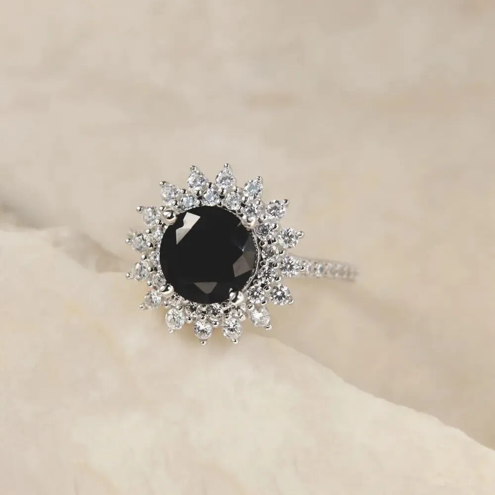 Black Diamond Sunflower 925 Sterling Silver Ring