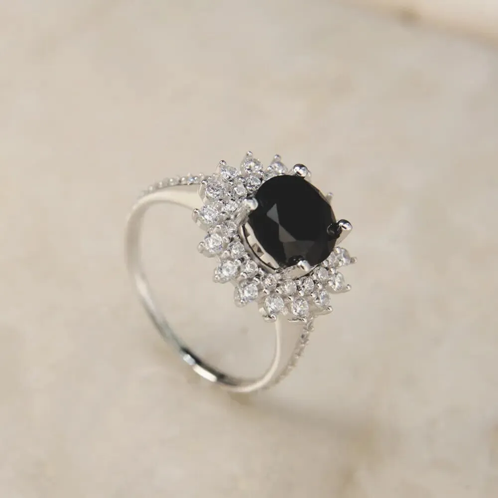 Black Diamond Sunflower 925 Sterling Silver Ring