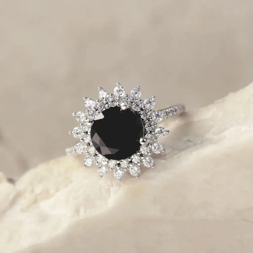 Black Diamond Sunflower 925 Sterling Silver Ring