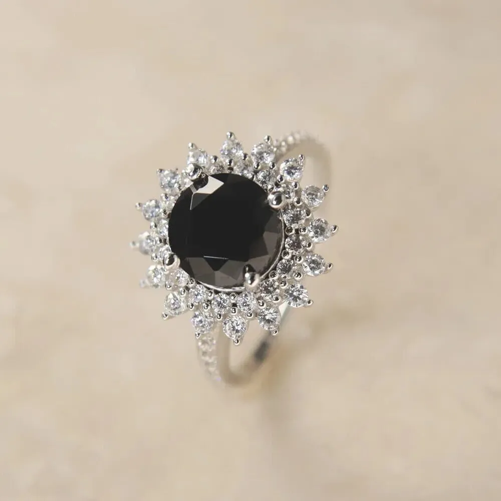 Black Diamond Sunflower 925 Sterling Silver Ring