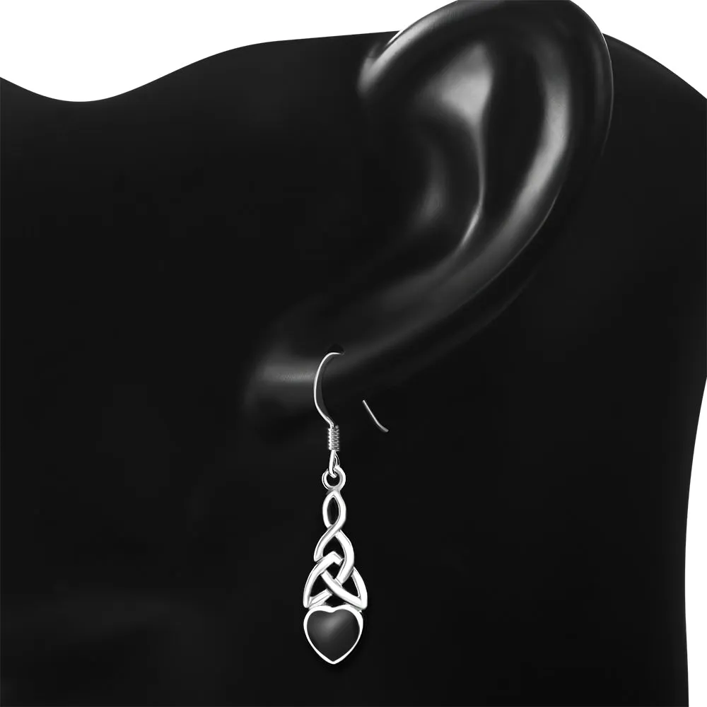 Black Onyx Heart Celtic Trinity Silver Earrings