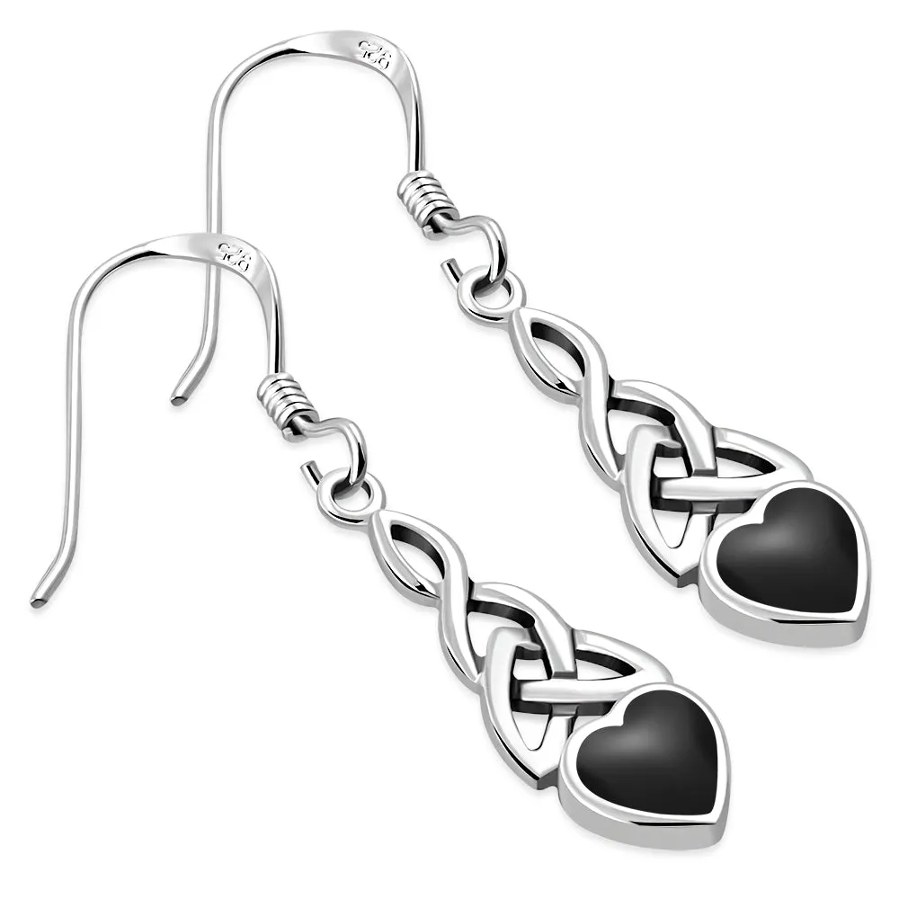 Black Onyx Heart Celtic Trinity Silver Earrings