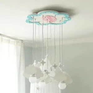 Blue & White Wooden Cloud Pendant Light with 3 Bulbs for Nursery