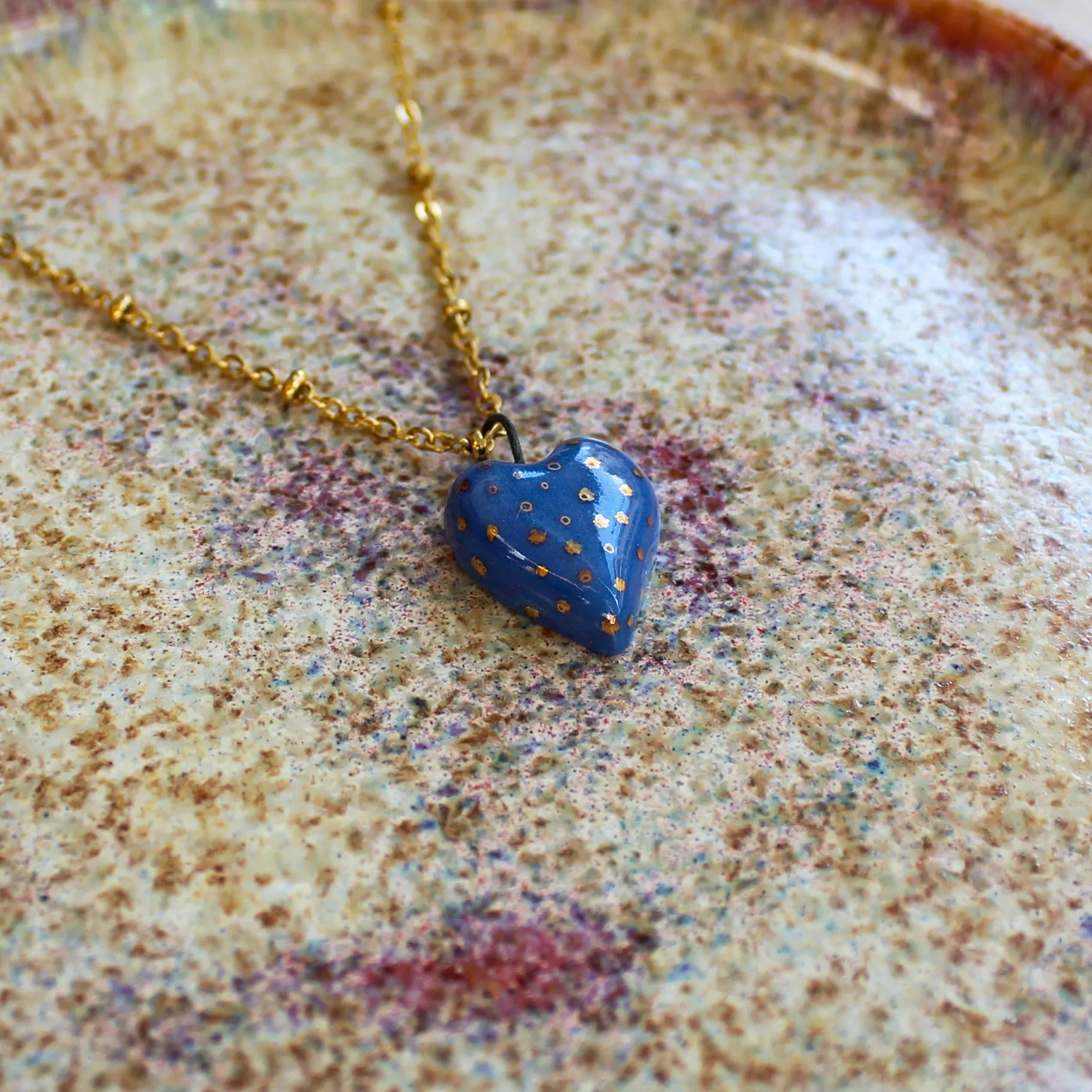 Blue Heart Pendant in Porcelain "Gold Dots"