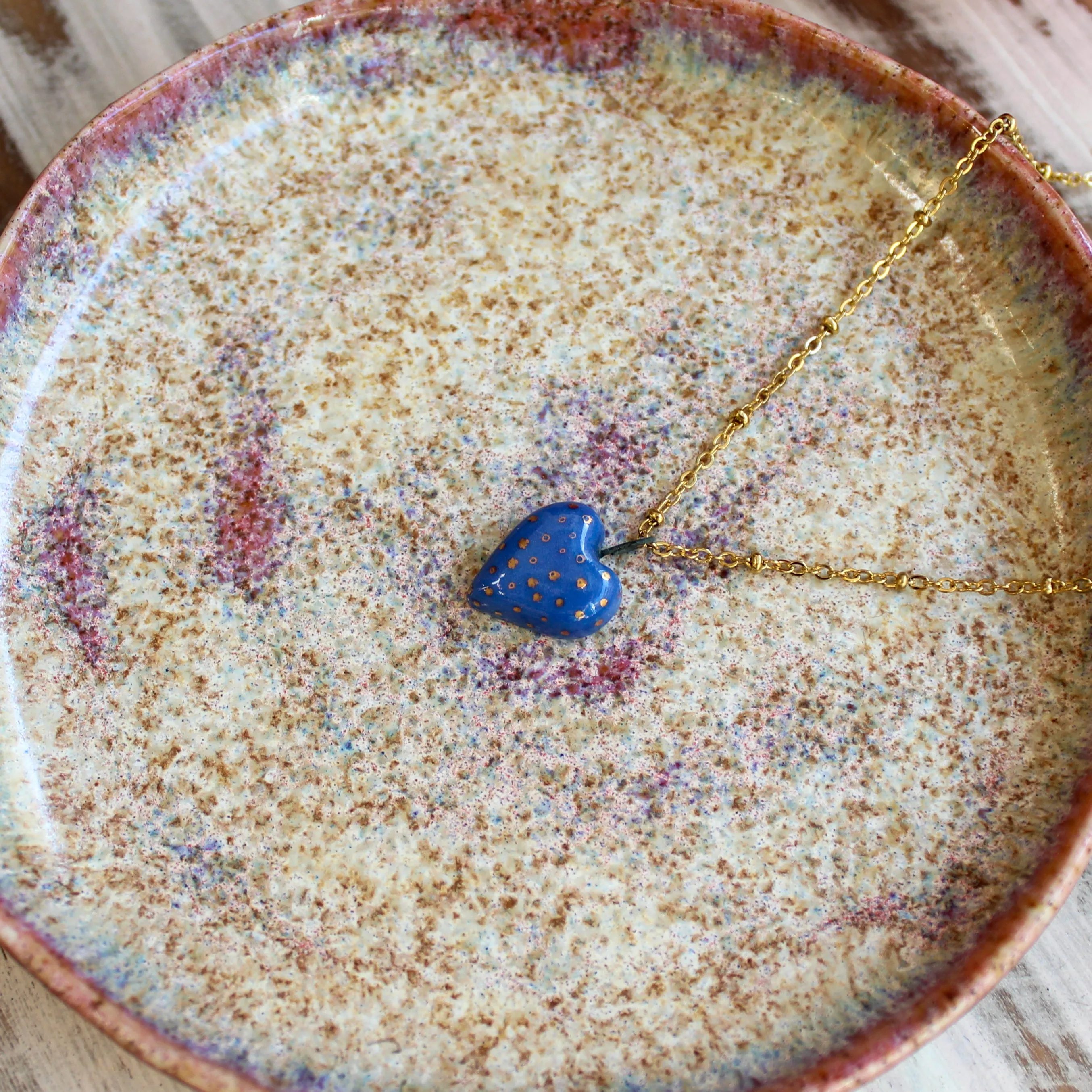 Blue Heart Pendant in Porcelain "Gold Dots"