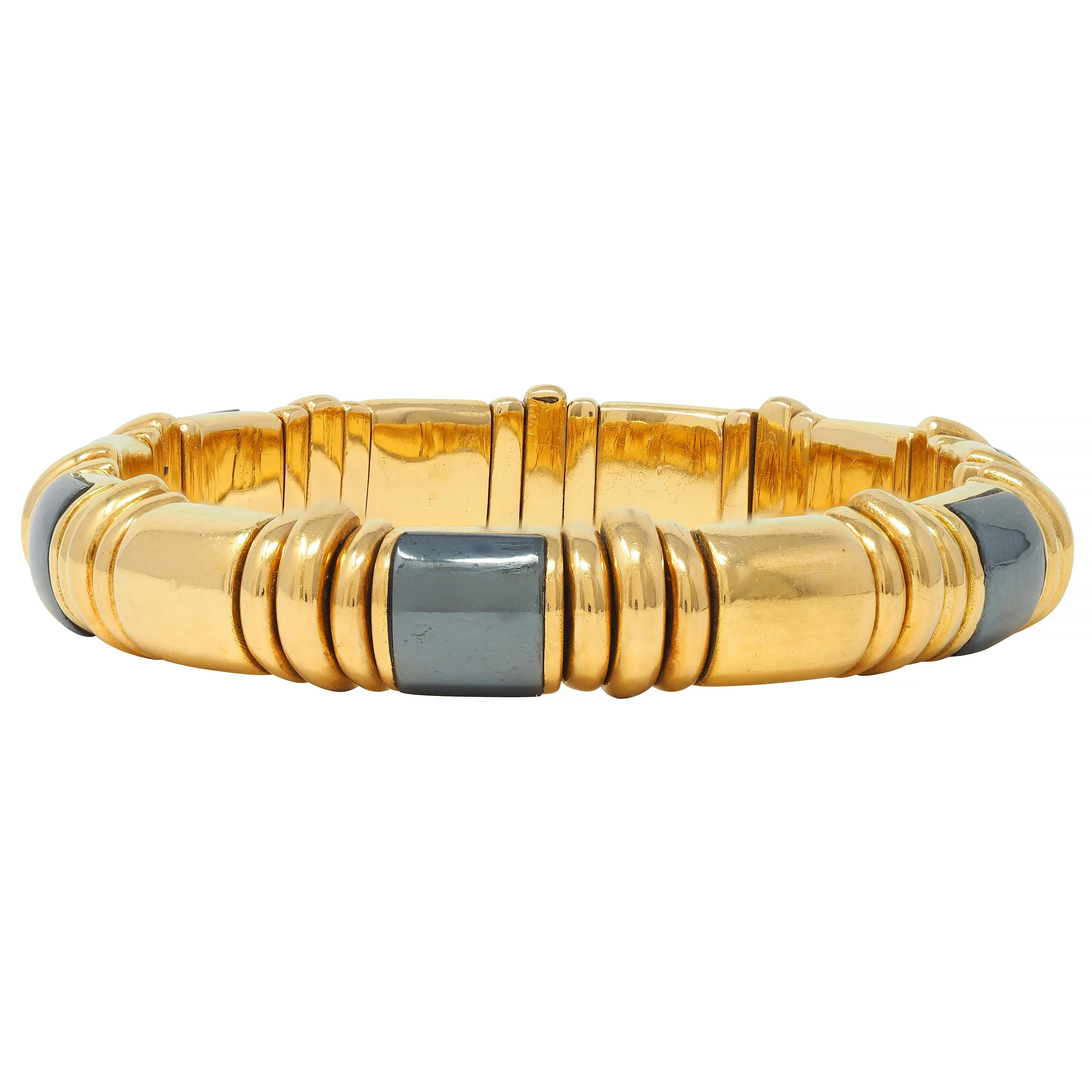 Bulgari 1990's 18 Karat Yellow Gold Hematite Vintage Tubogas Cuff Bracelet