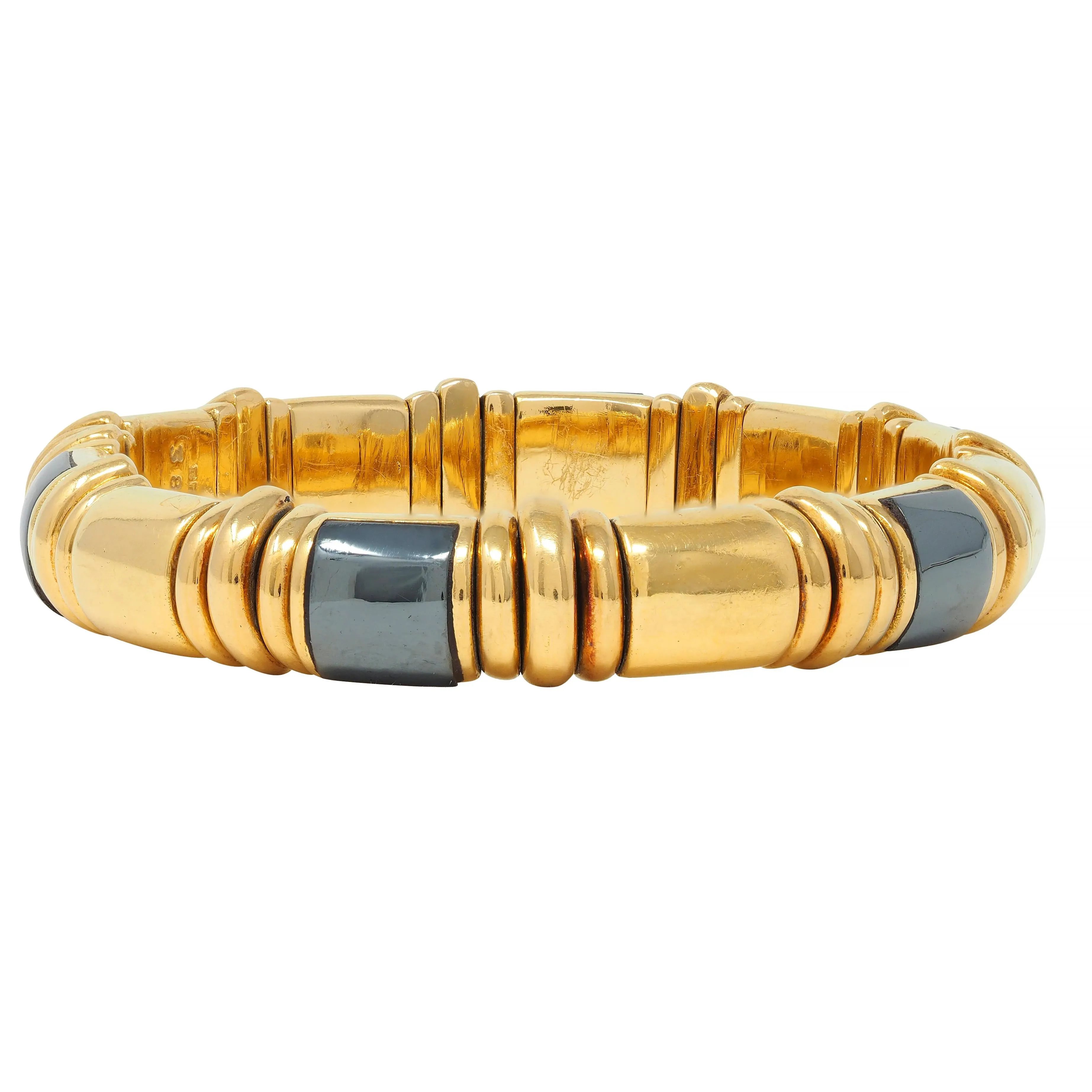 Bulgari 1990's 18 Karat Yellow Gold Hematite Vintage Tubogas Cuff Bracelet