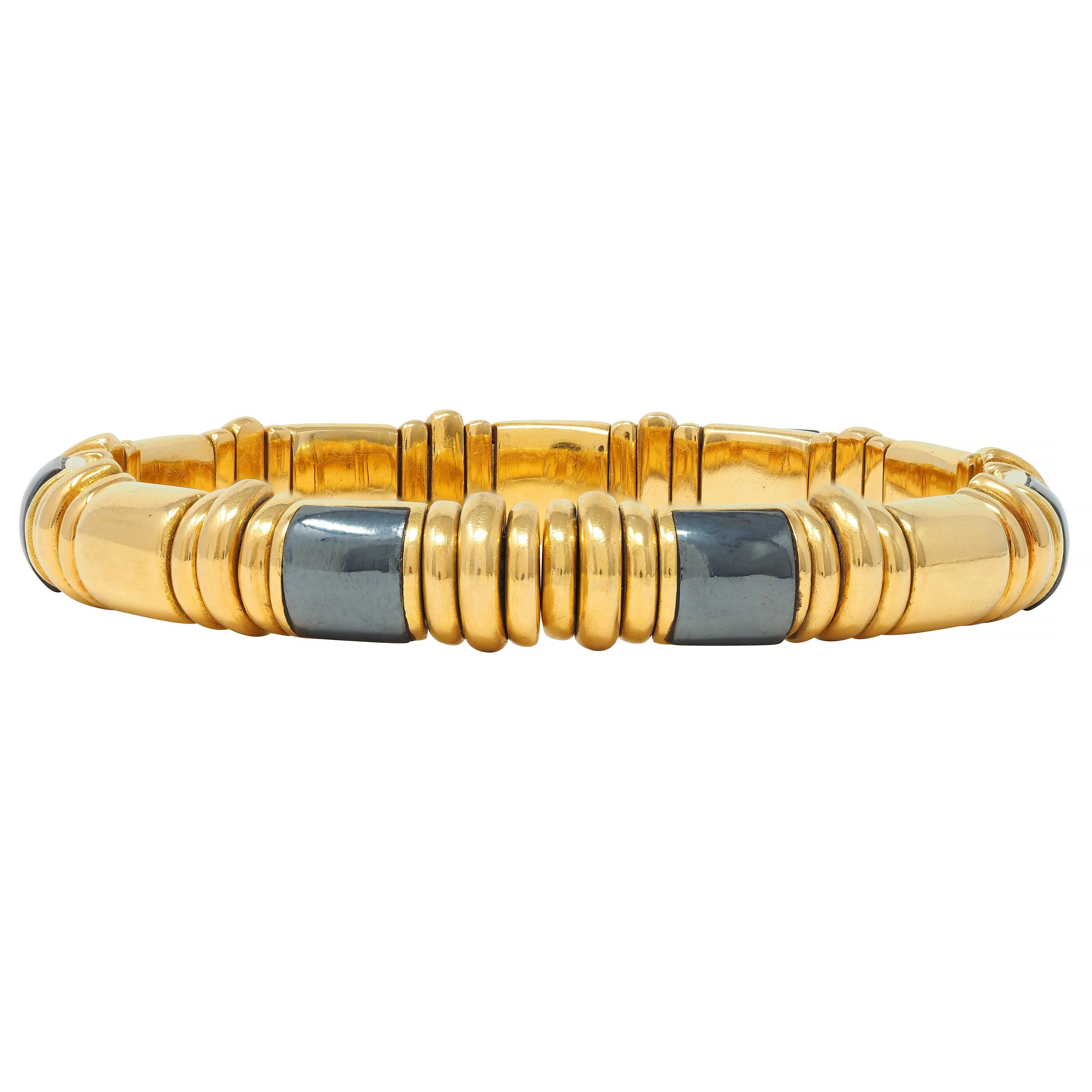 Bulgari 1990's 18 Karat Yellow Gold Hematite Vintage Tubogas Cuff Bracelet