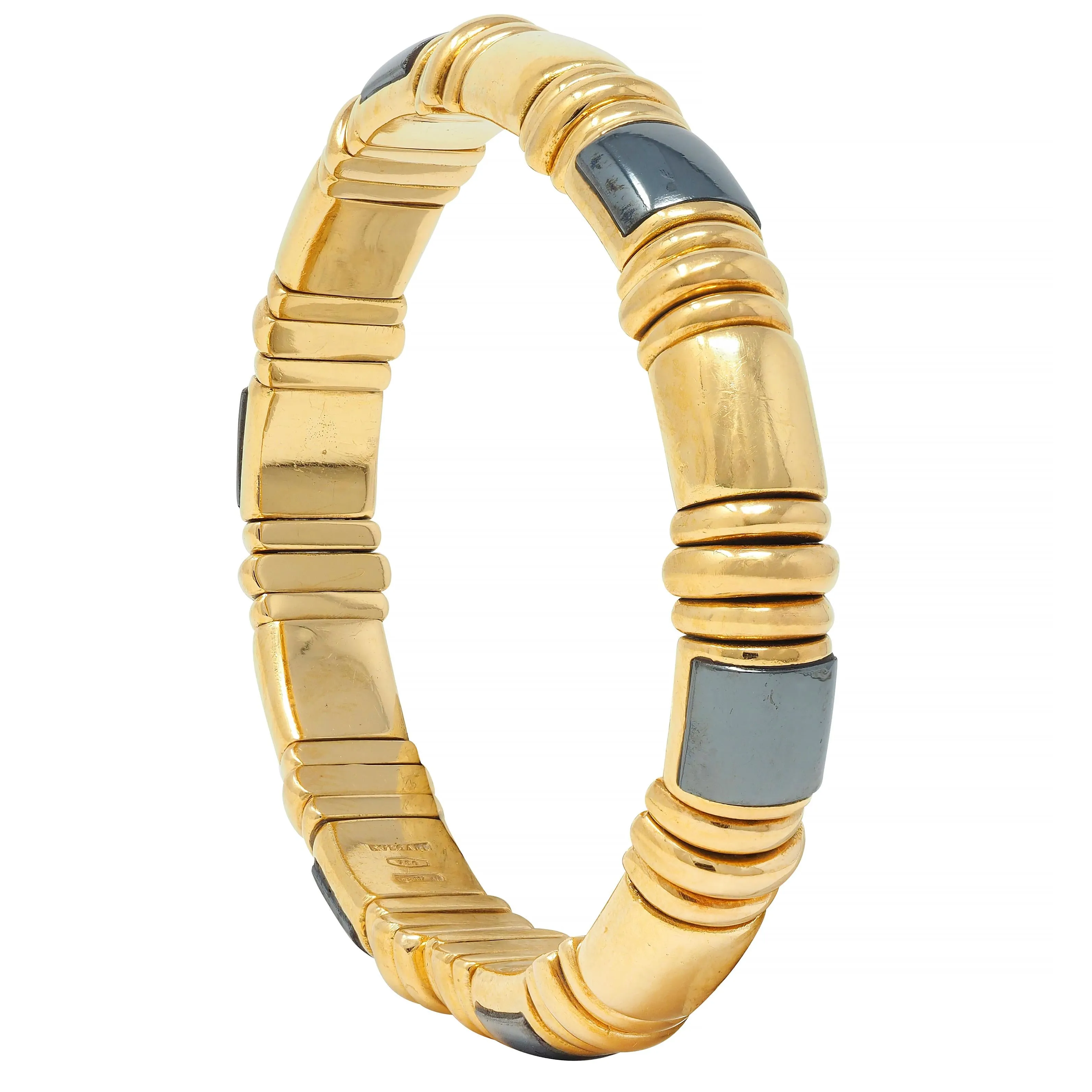 Bulgari 1990's 18 Karat Yellow Gold Hematite Vintage Tubogas Cuff Bracelet