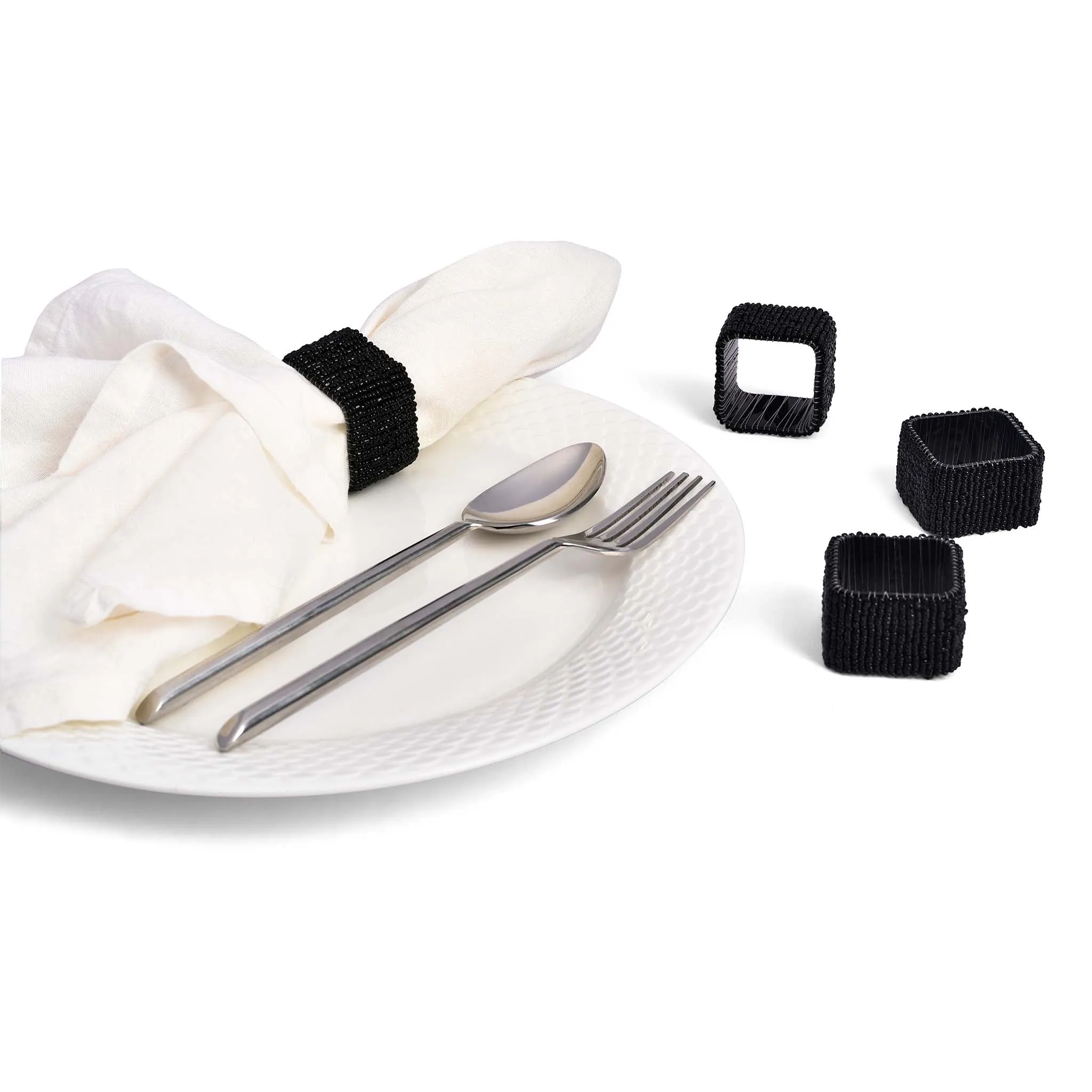 Classic Square Napkin Ring in Black, Set of 4