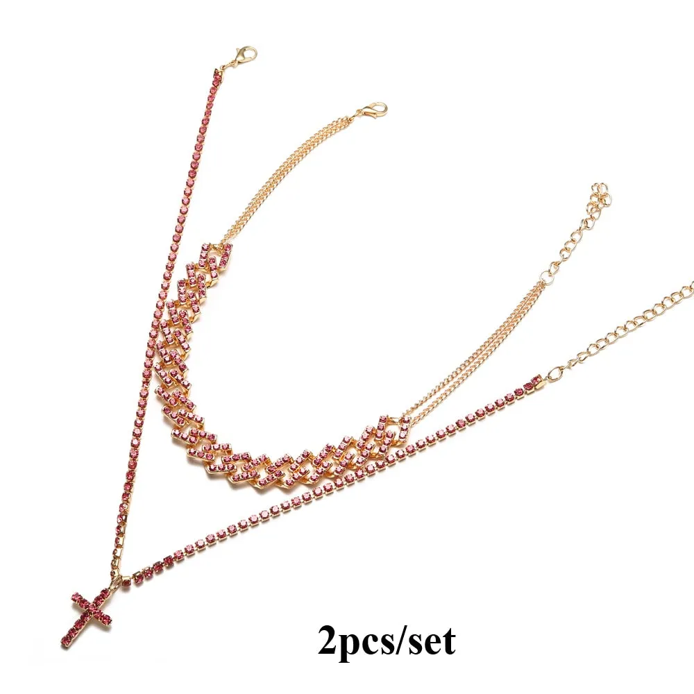 Cuban Link Chain Necklace Set Cross Pendant Jewelry for Women Rhinestone Choker Luxury  Jewellery