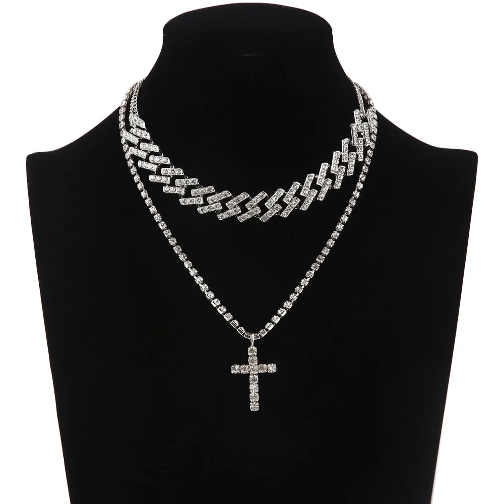 Cuban Link Chain Necklace Set Cross Pendant Jewelry for Women Rhinestone Choker Luxury  Jewellery