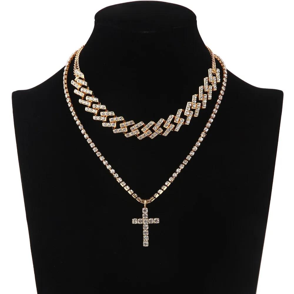 Cuban Link Chain Necklace Set Cross Pendant Jewelry for Women Rhinestone Choker Luxury  Jewellery