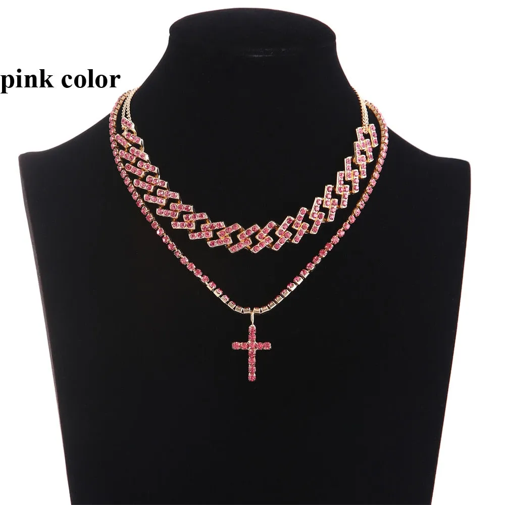 Cuban Link Chain Necklace Set Cross Pendant Jewelry for Women Rhinestone Choker Luxury  Jewellery