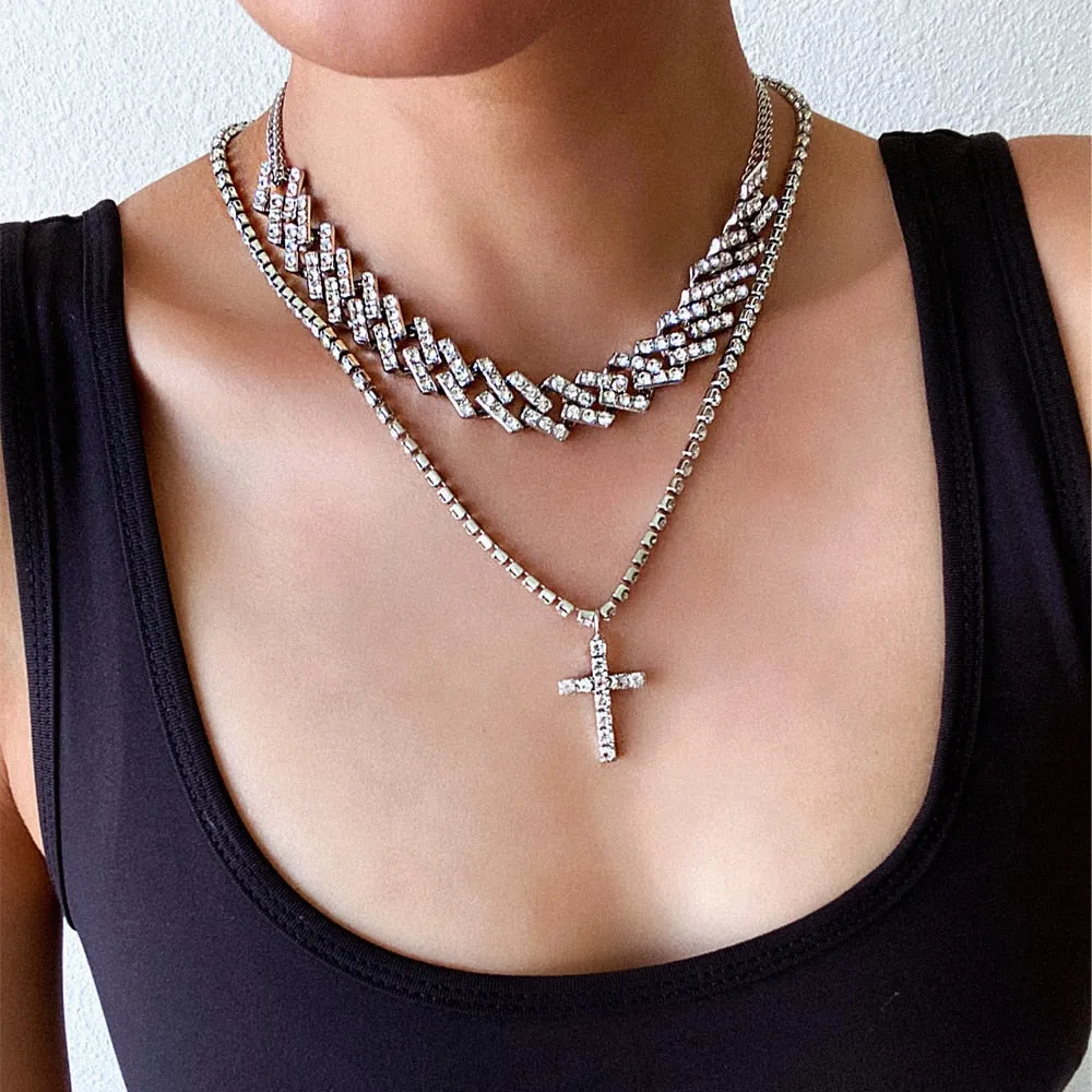 Cuban Link Chain Necklace Set Cross Pendant Jewelry for Women Rhinestone Choker Luxury  Jewellery