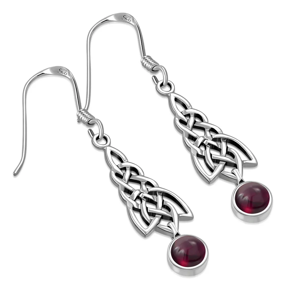 Dangle Garnet Stone Celtic Knot Silver Earrings