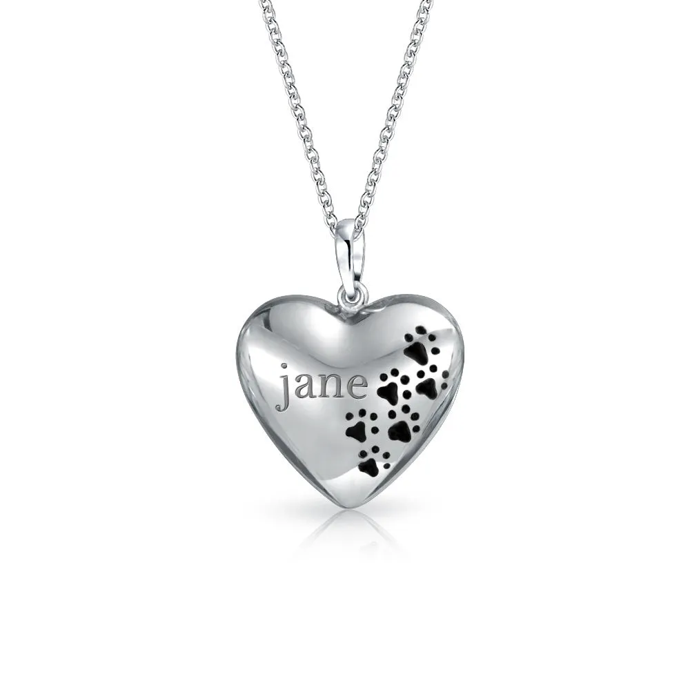 Dog Cat Heart Shape Pendant Necklace with Black Puppy Paw Prints in Sterling Silver