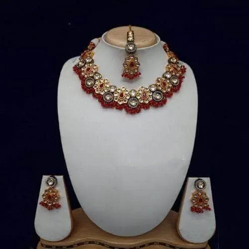 Drop Flower Dual Tonned Necklace Earring And Teeka Set