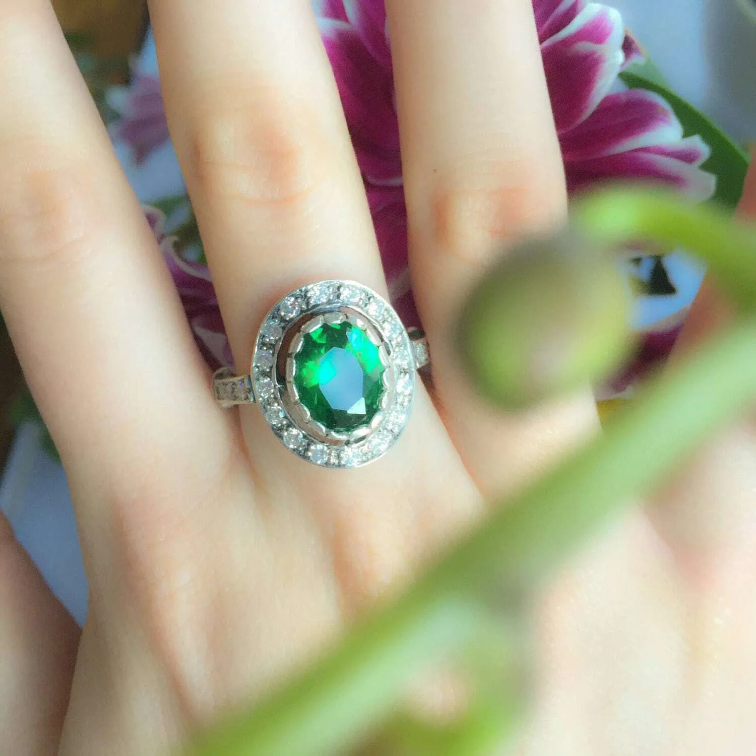 Emerald Vintage Ring - Green Halo Ring - Statement Emerald Ring