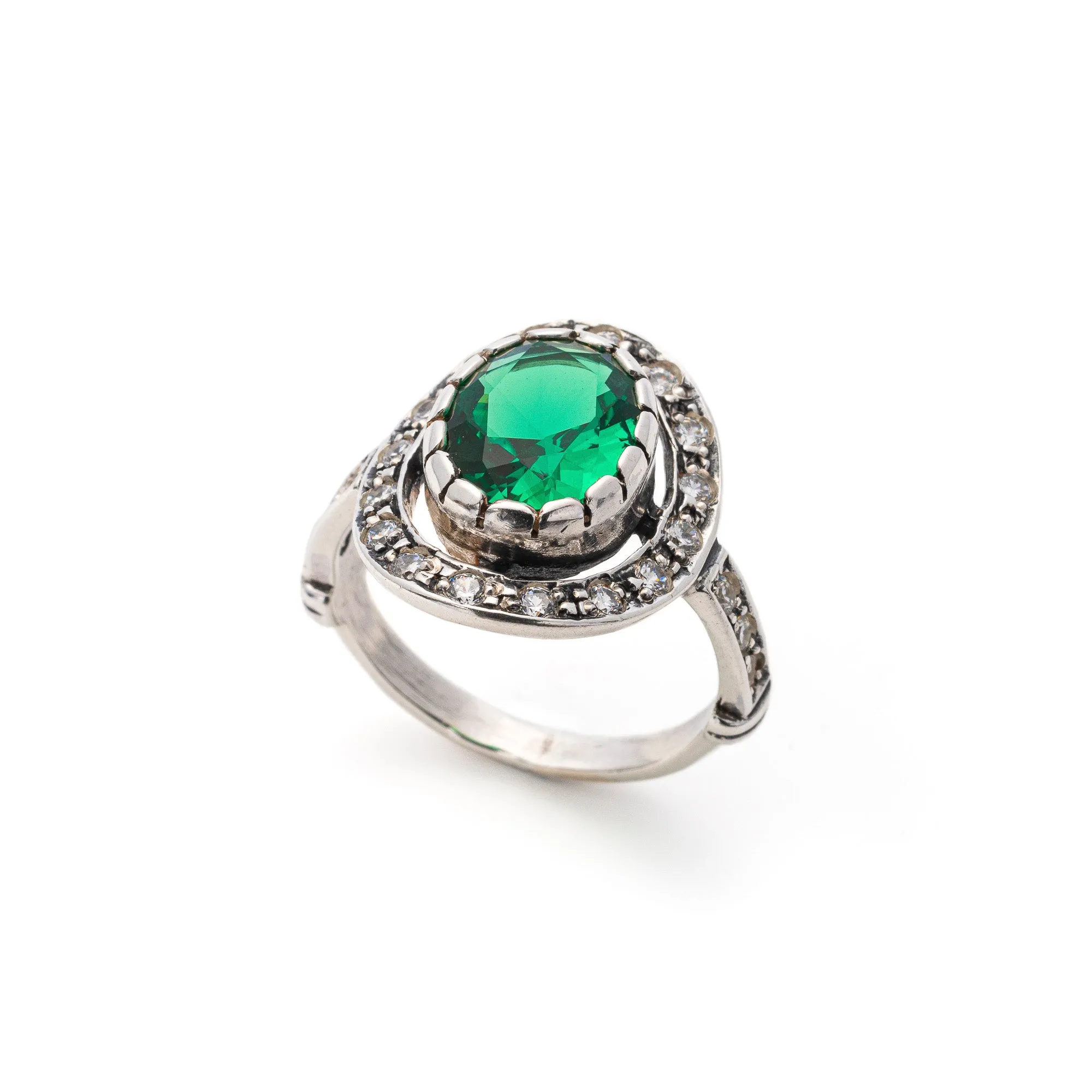 Emerald Vintage Ring - Green Halo Ring - Statement Emerald Ring