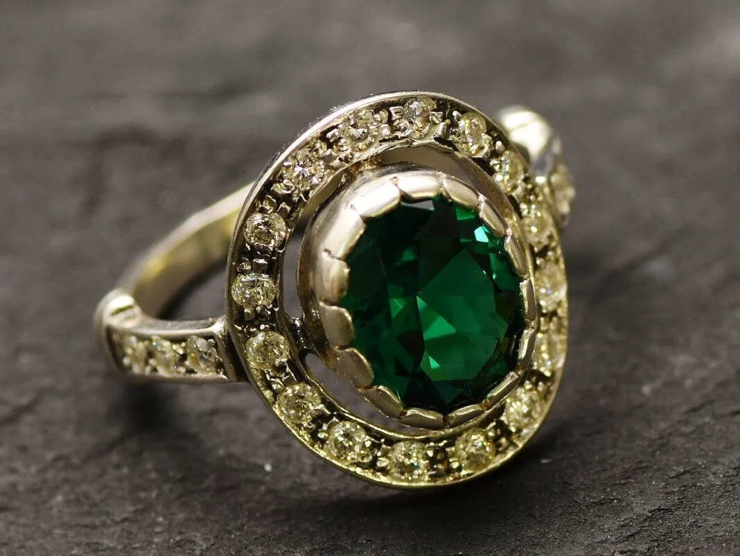 Emerald Vintage Ring - Green Halo Ring - Statement Emerald Ring