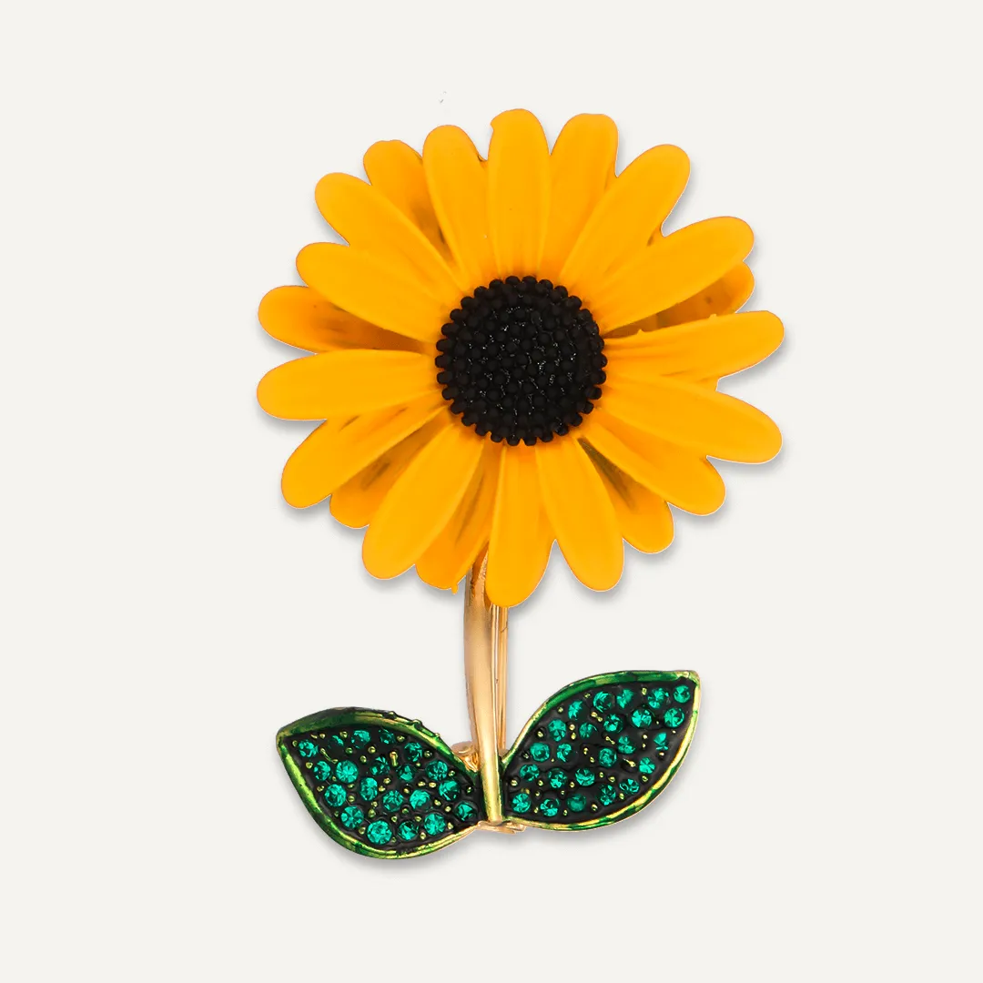 Enamel Sunflower Brooch In Gold-Tone