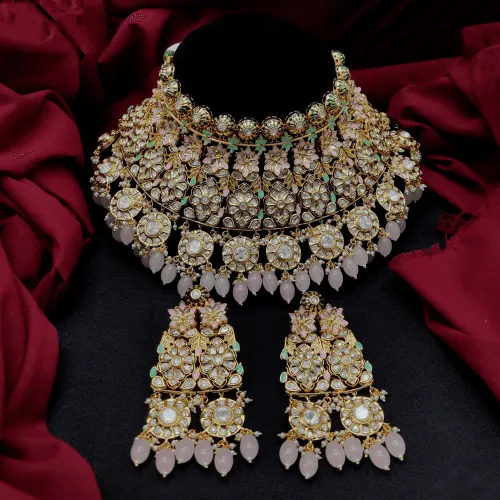 Floral Kundan Bridal Choker Necklace Set With Beads Drop