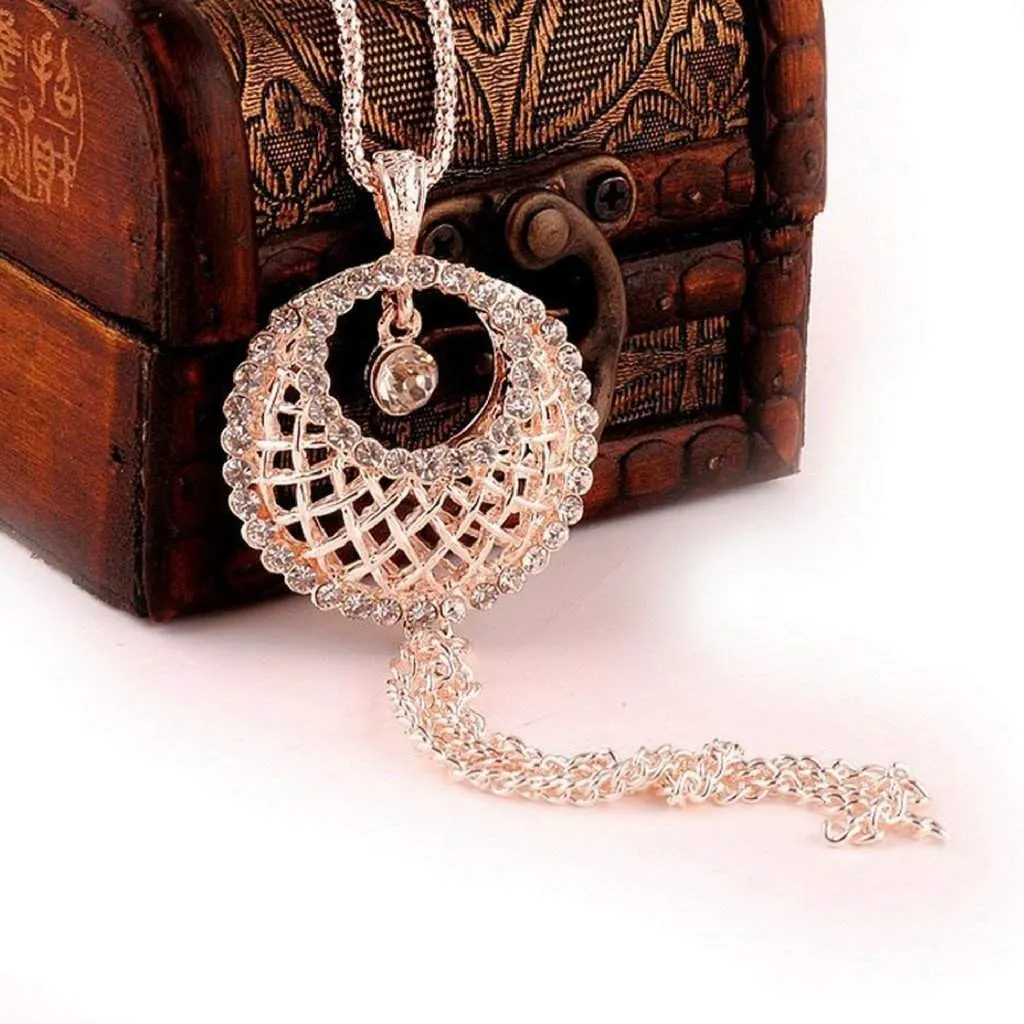 Gold and Crystal Lattice Basket Long Necklace