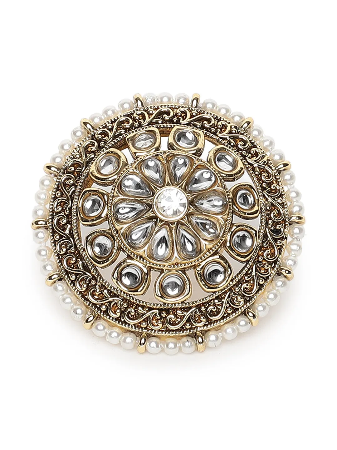 Gold-Plated & White Stone Studded Floral Shape Adjustable Finger Ring