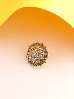 Gold-Plated & White Stone Studded Floral Shape Adjustable Finger Ring