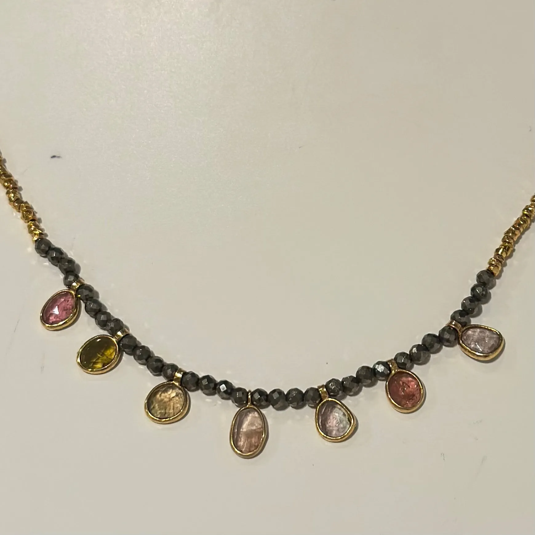 Gold Plated Silver Bead Necklace with Pyrite and Tourmaline Drops