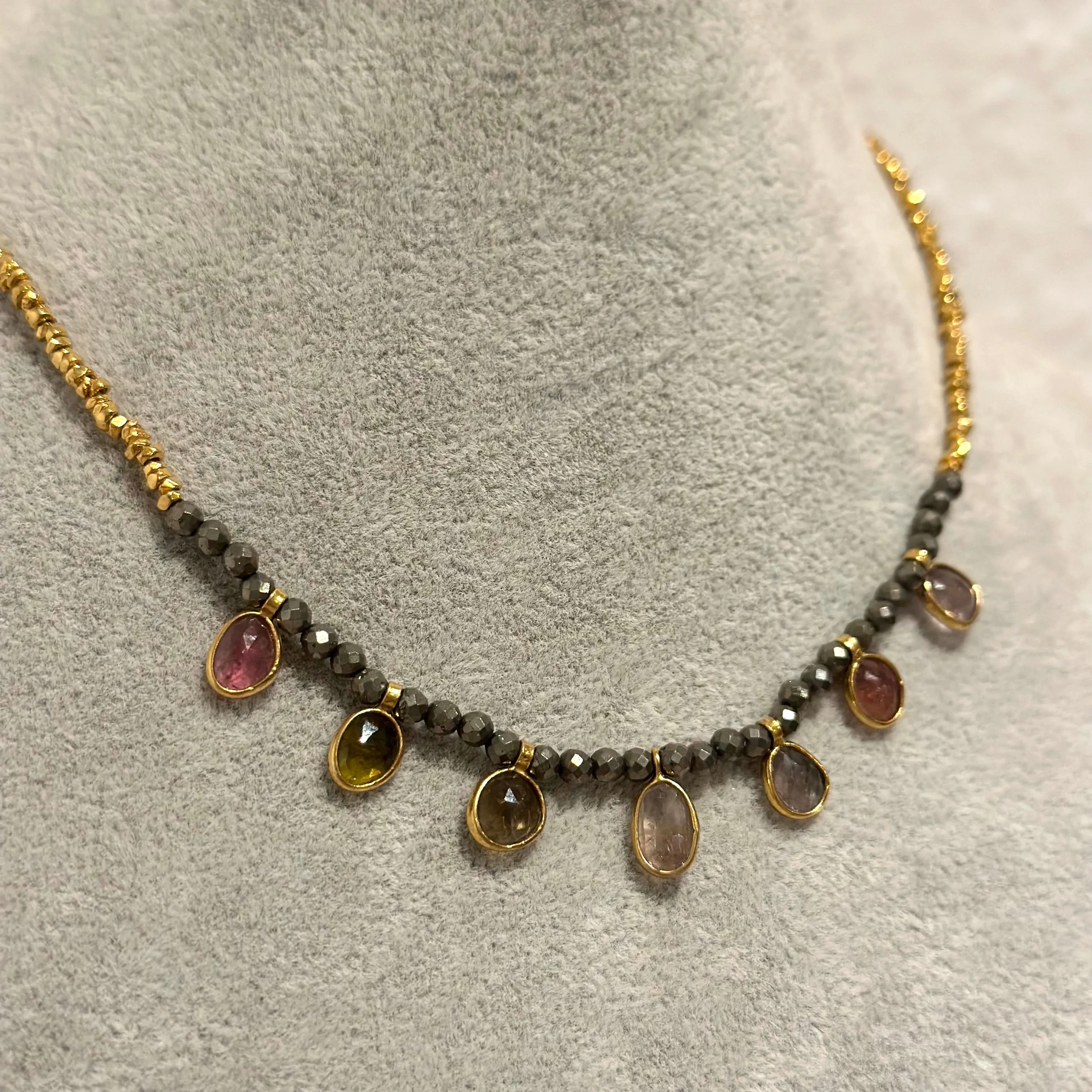 Gold Plated Silver Bead Necklace with Pyrite and Tourmaline Drops