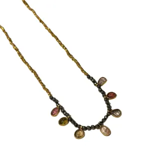 Gold Plated Silver Bead Necklace with Pyrite and Tourmaline Drops