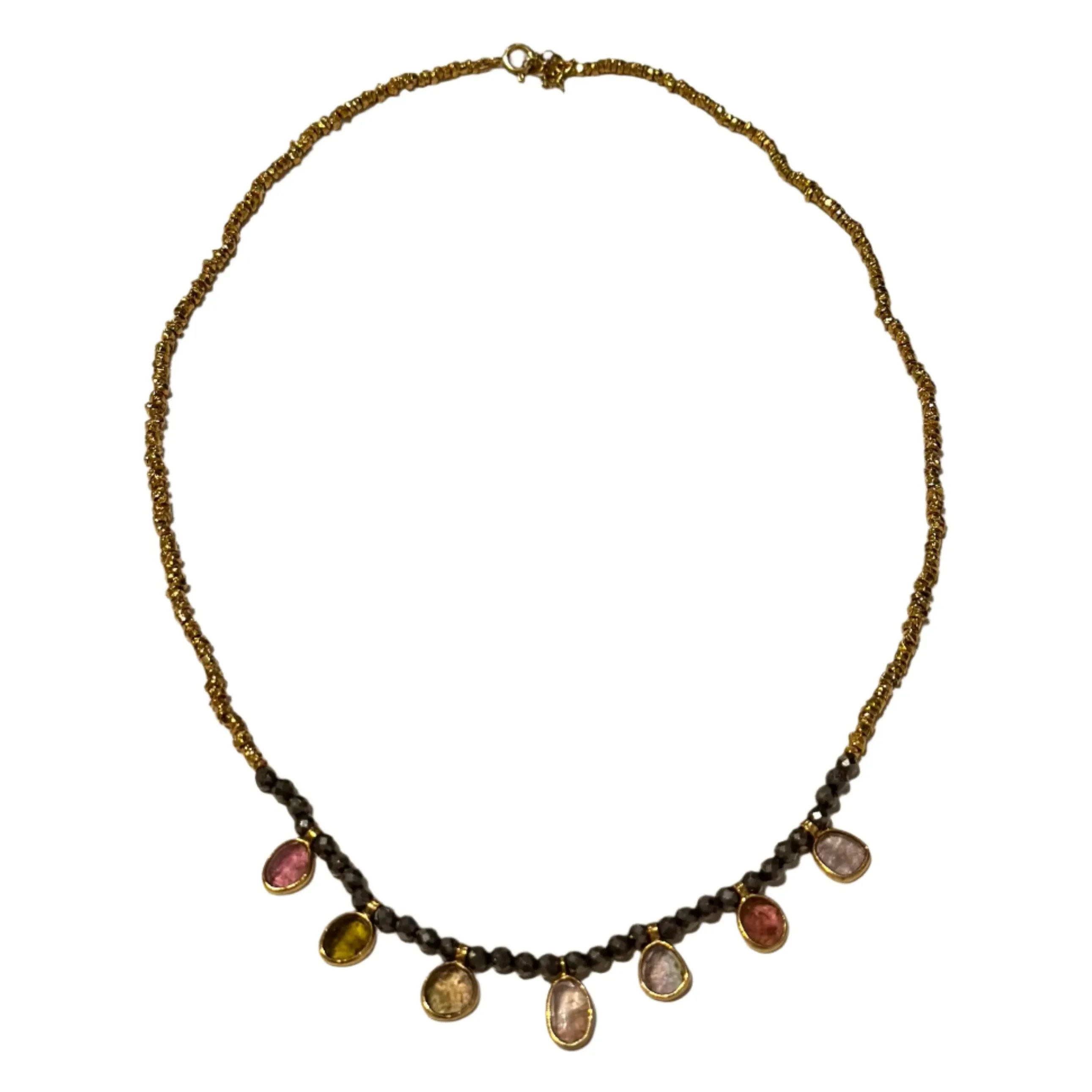 Gold Plated Silver Bead Necklace with Pyrite and Tourmaline Drops