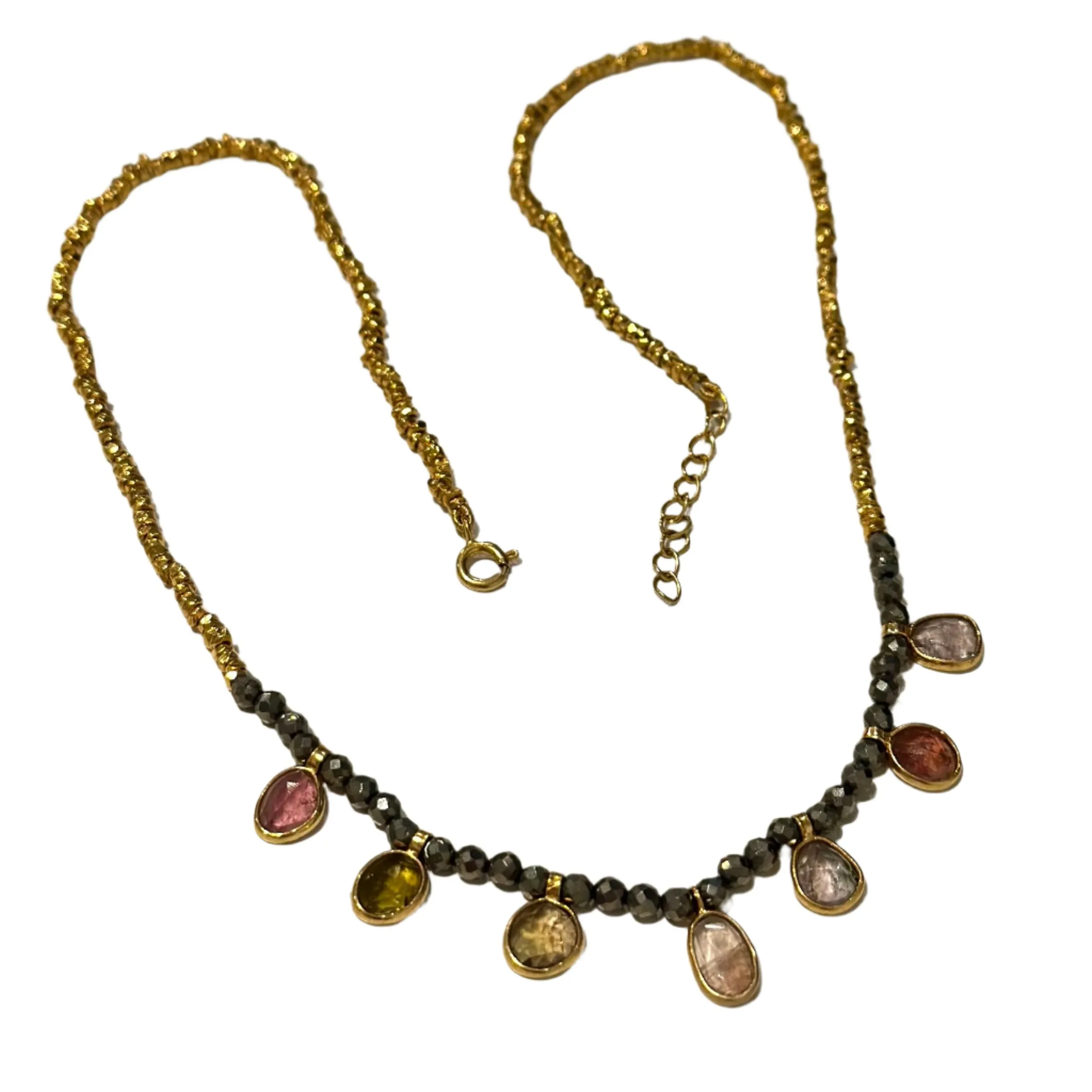 Gold Plated Silver Bead Necklace with Pyrite and Tourmaline Drops