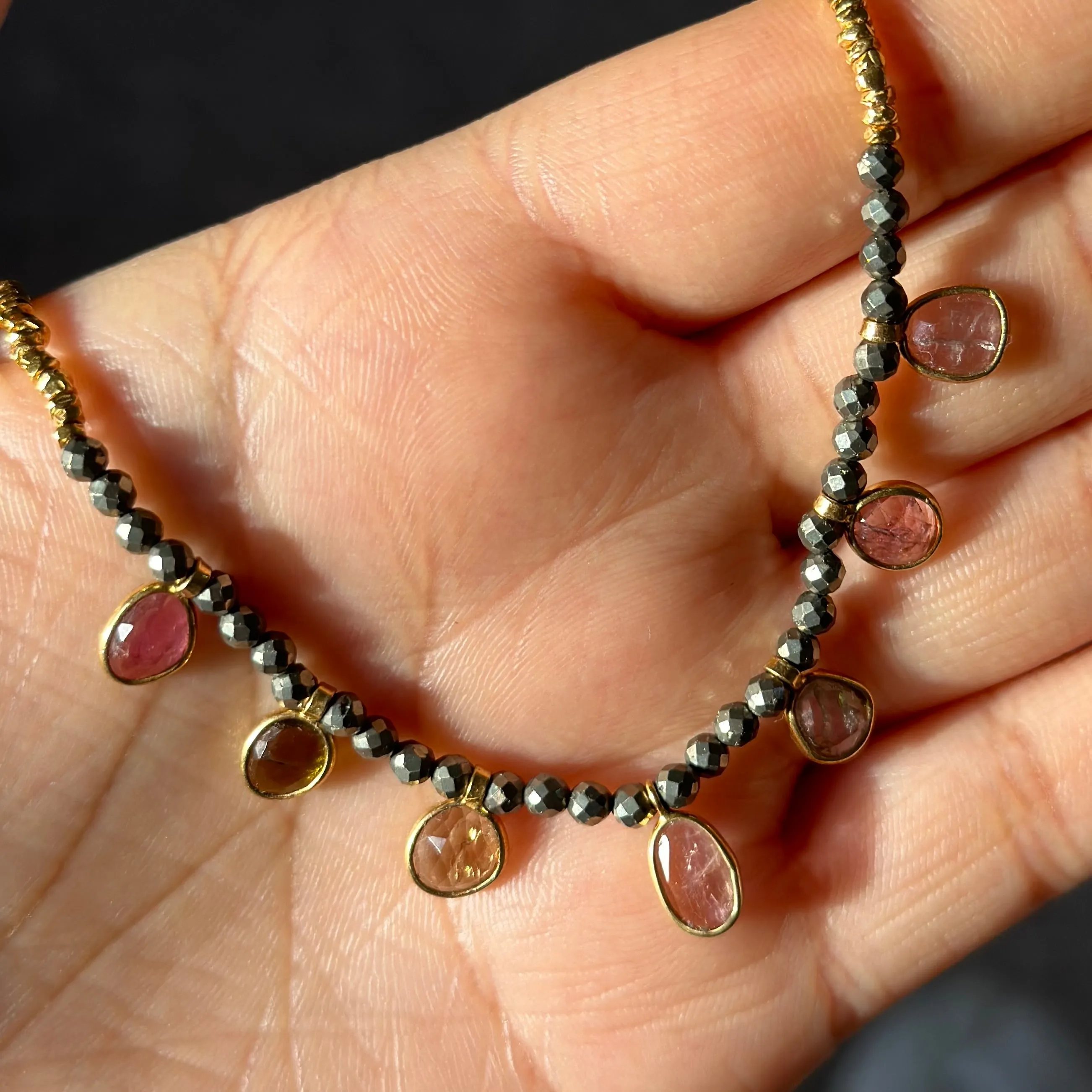 Gold Plated Silver Bead Necklace with Pyrite and Tourmaline Drops