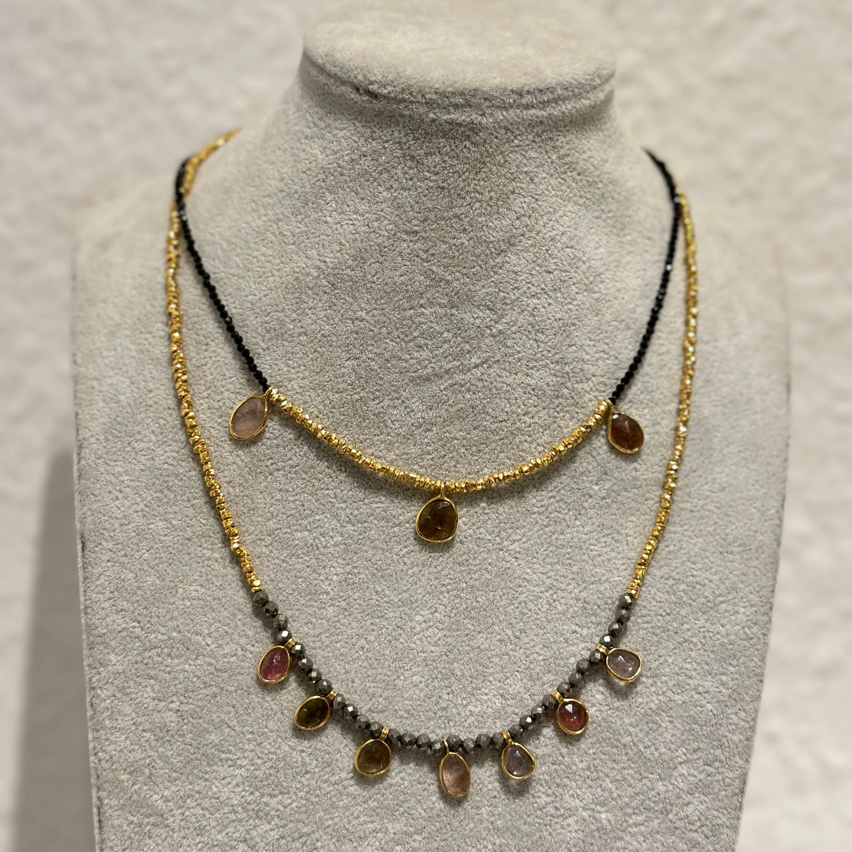 Gold Plated Silver Bead Necklace with Pyrite and Tourmaline Drops