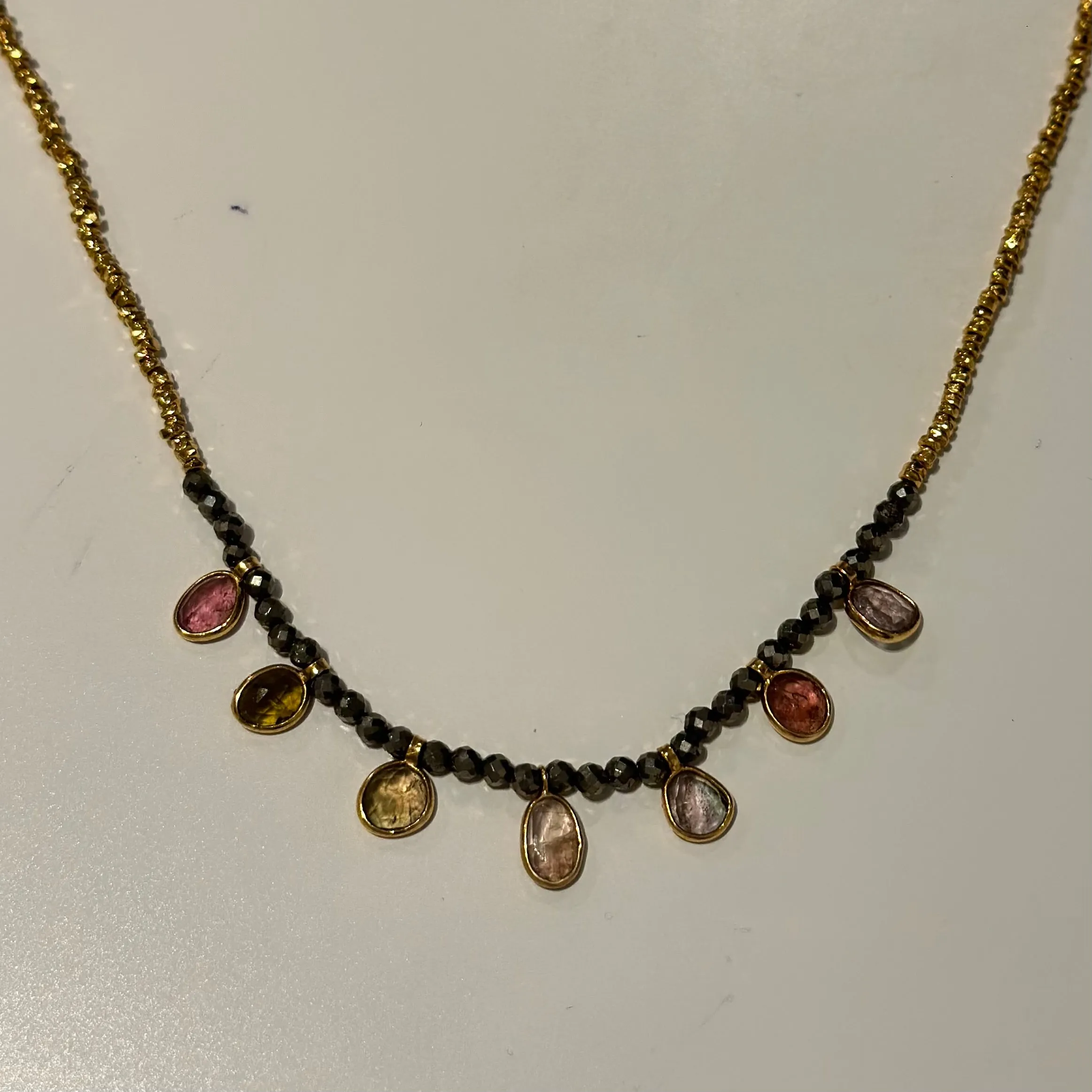 Gold Plated Silver Bead Necklace with Pyrite and Tourmaline Drops