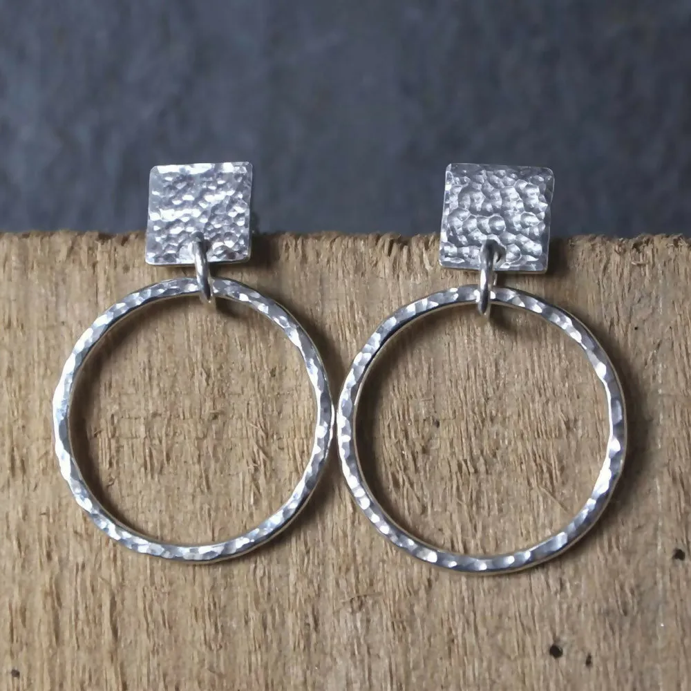 Hammered Silver Hoop Stud Earrings