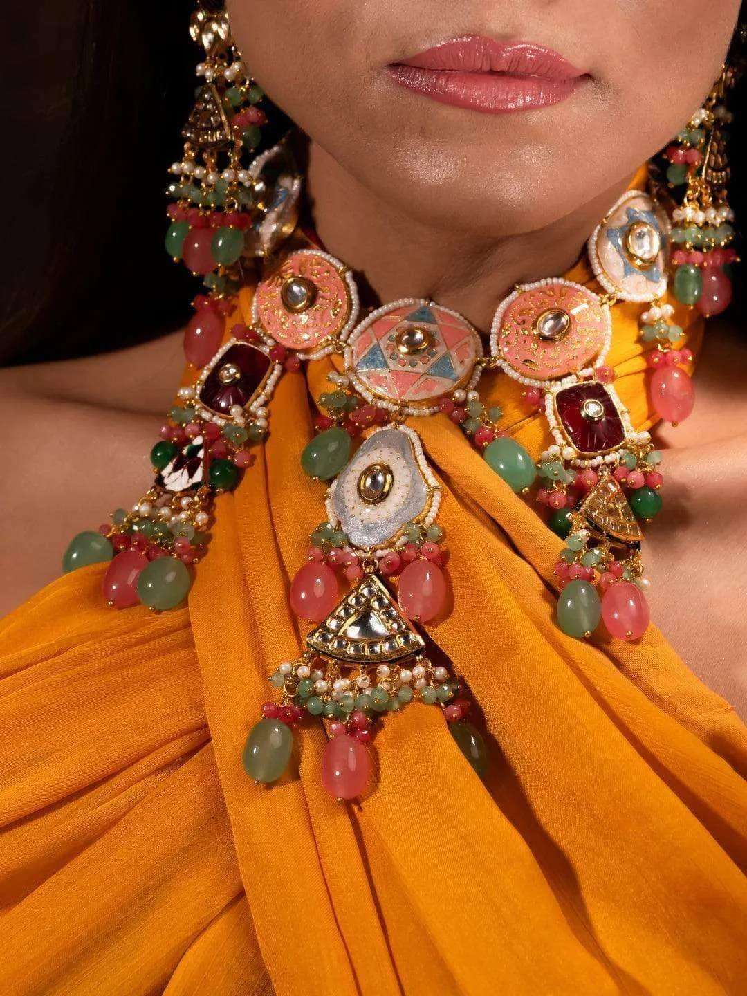 Ishhaara Bride In Hand Painted Kundan Meena Necklace Set