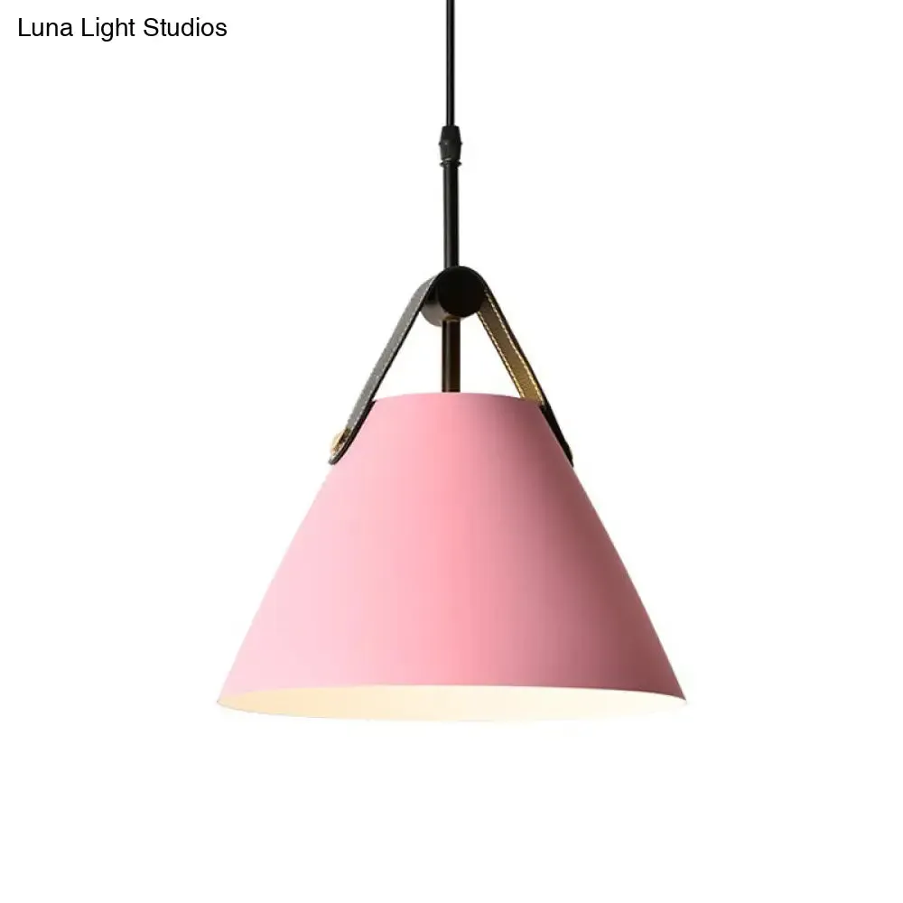 Macaron Pendant Light Kit - Aluminum 1-Head Truncated Cone Snack Bar Hanging Fixture in Pink/Blue/Yellow with Leather Strap