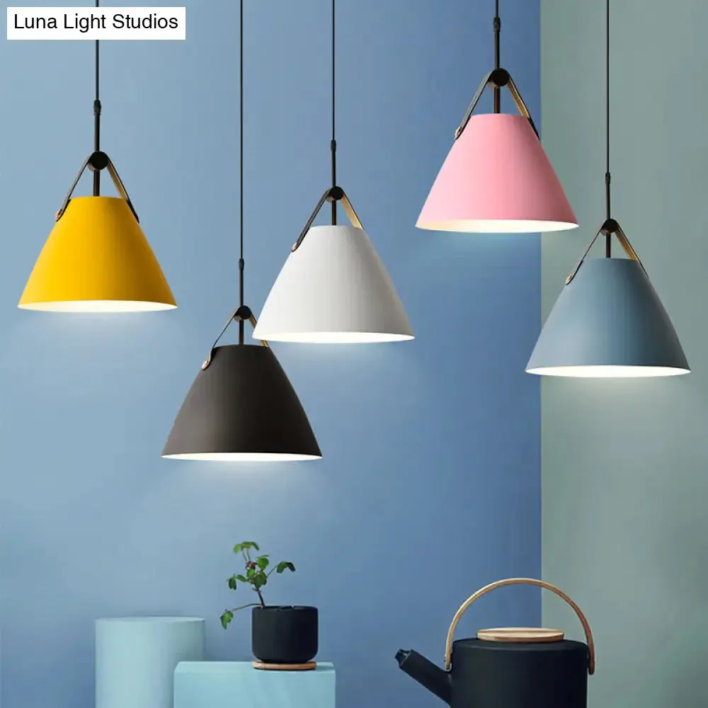 Macaron Pendant Light Kit - Aluminum 1-Head Truncated Cone Snack Bar Hanging Fixture in Pink/Blue/Yellow with Leather Strap