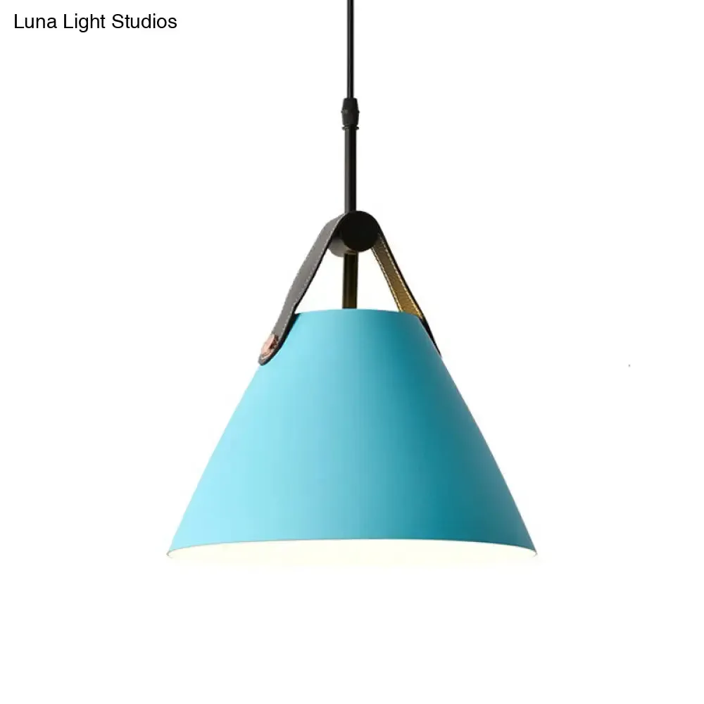 Macaron Pendant Light Kit - Aluminum 1-Head Truncated Cone Snack Bar Hanging Fixture in Pink/Blue/Yellow with Leather Strap